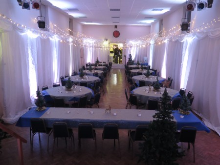 Hilperton village hall wedding, drapes, lighting and fairy light ceiling